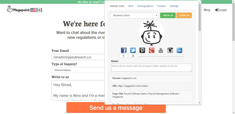 Autofill Contact Forms using Ninja Outreach chrome ext