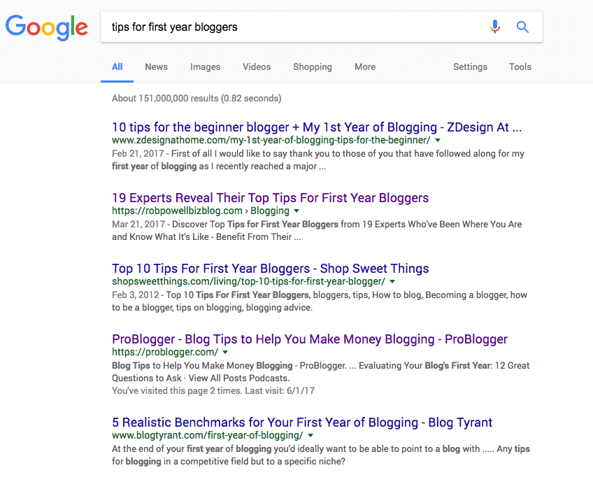 Google search results of tips for first-year blogger tips