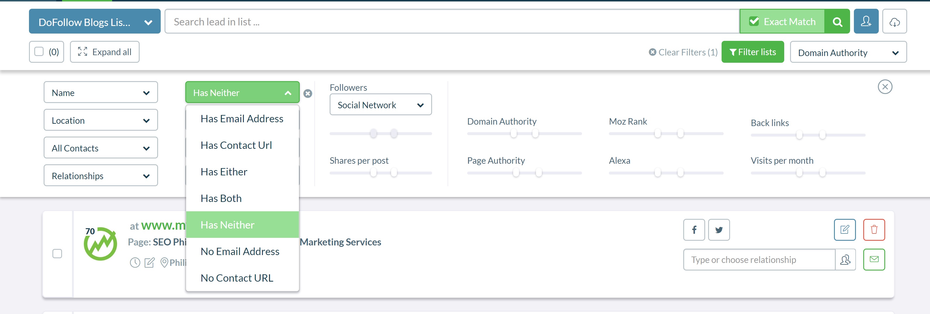 Filter DoFollow Blogs Leads By Contact Info - NinjaOutreach