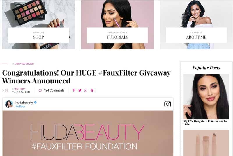 Huda Beauty blog homepage