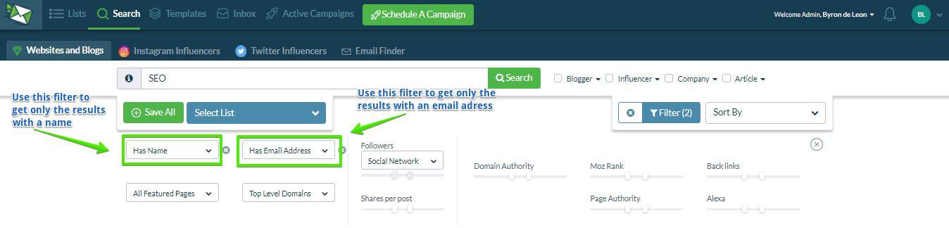 Filter with name and email address