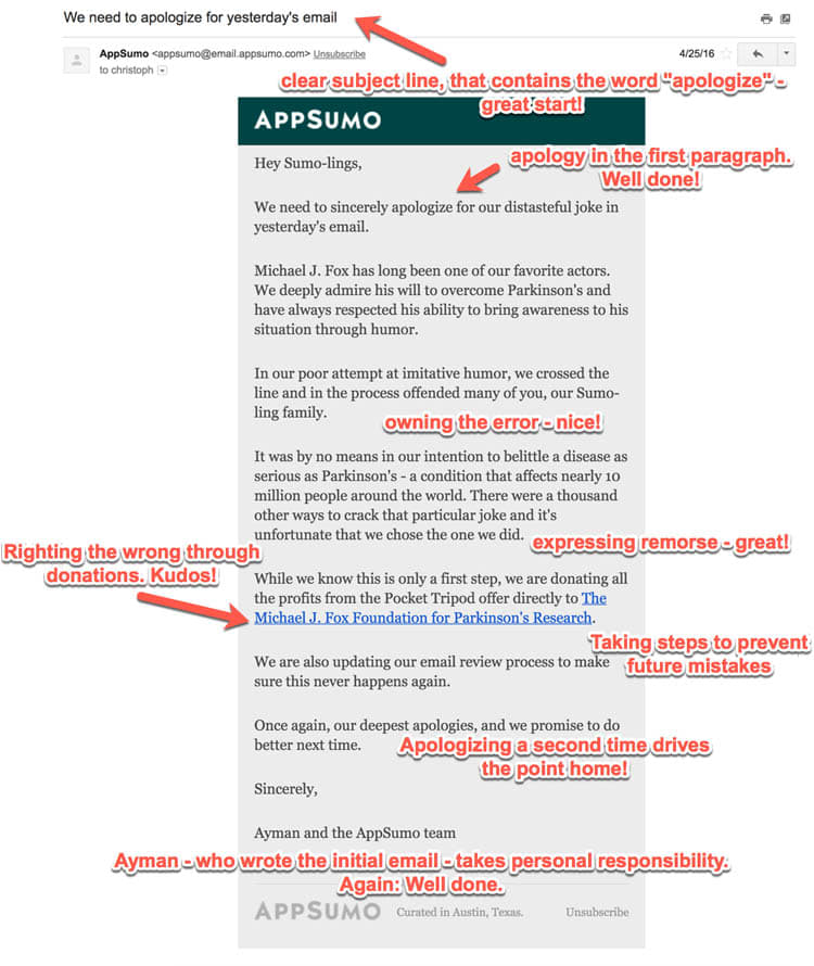 Appsumo appology email