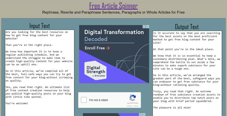 Article spinner results