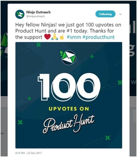 NinjaOutreach number 1 on Product Hunt